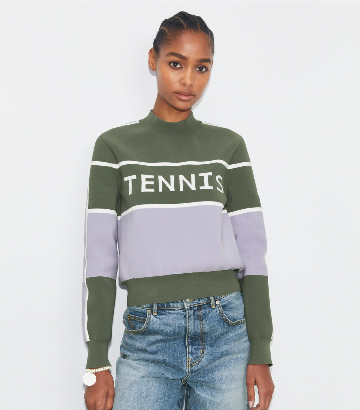 Tory Burch Cropped Tech Nylon Tennis Sweater - Gray / Snow White / Lilac Whisper