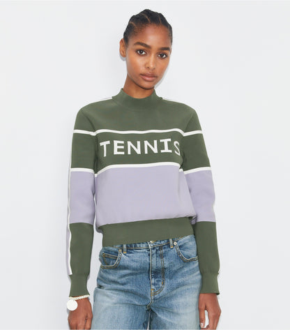 Tory Burch Cropped Tech Nylon Tennis Sweater - Gray / Snow White / Lilac Whisper