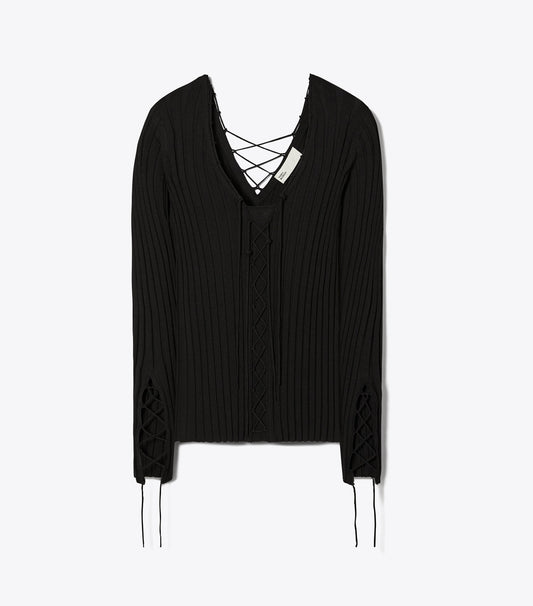 Tory Burch Lace-Up Wool Sweater - Black