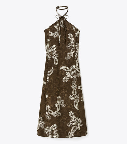 Tory Burch Satin Halter Dress - Rich Mahogany/Ivory