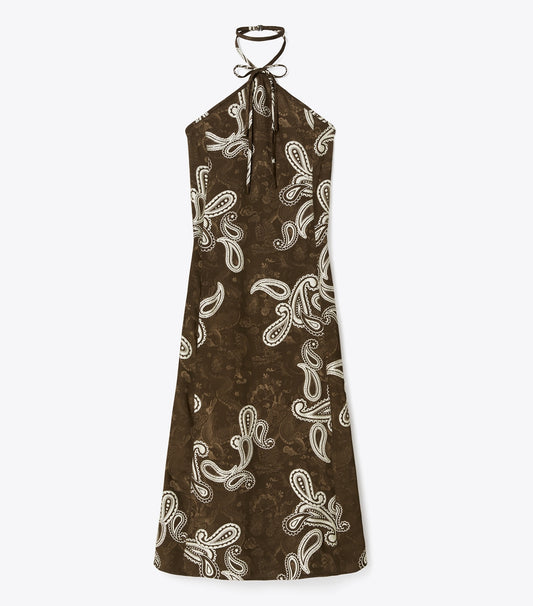 Tory Burch Satin Halter Dress - Rich Mahogany/Ivory