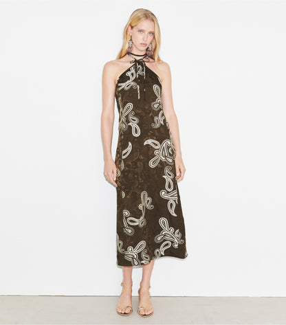 Tory Burch Satin Halter Dress - Rich Mahogany/Ivory