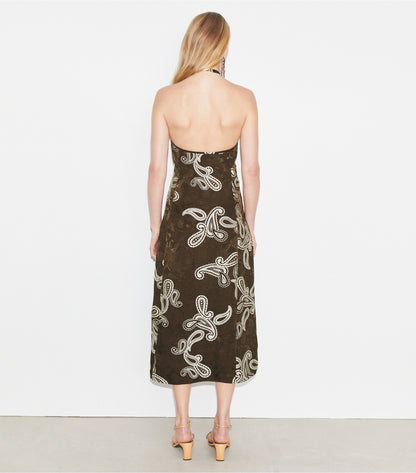 Tory Burch Satin Halter Dress - Rich Mahogany/Ivory