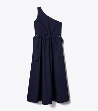 Tory Burch One-Shoulder Belted Cotton Dress - Medium Navy