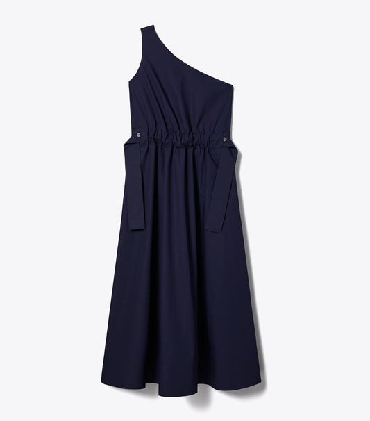 Tory Burch One-Shoulder Belted Cotton Dress - Medium Navy