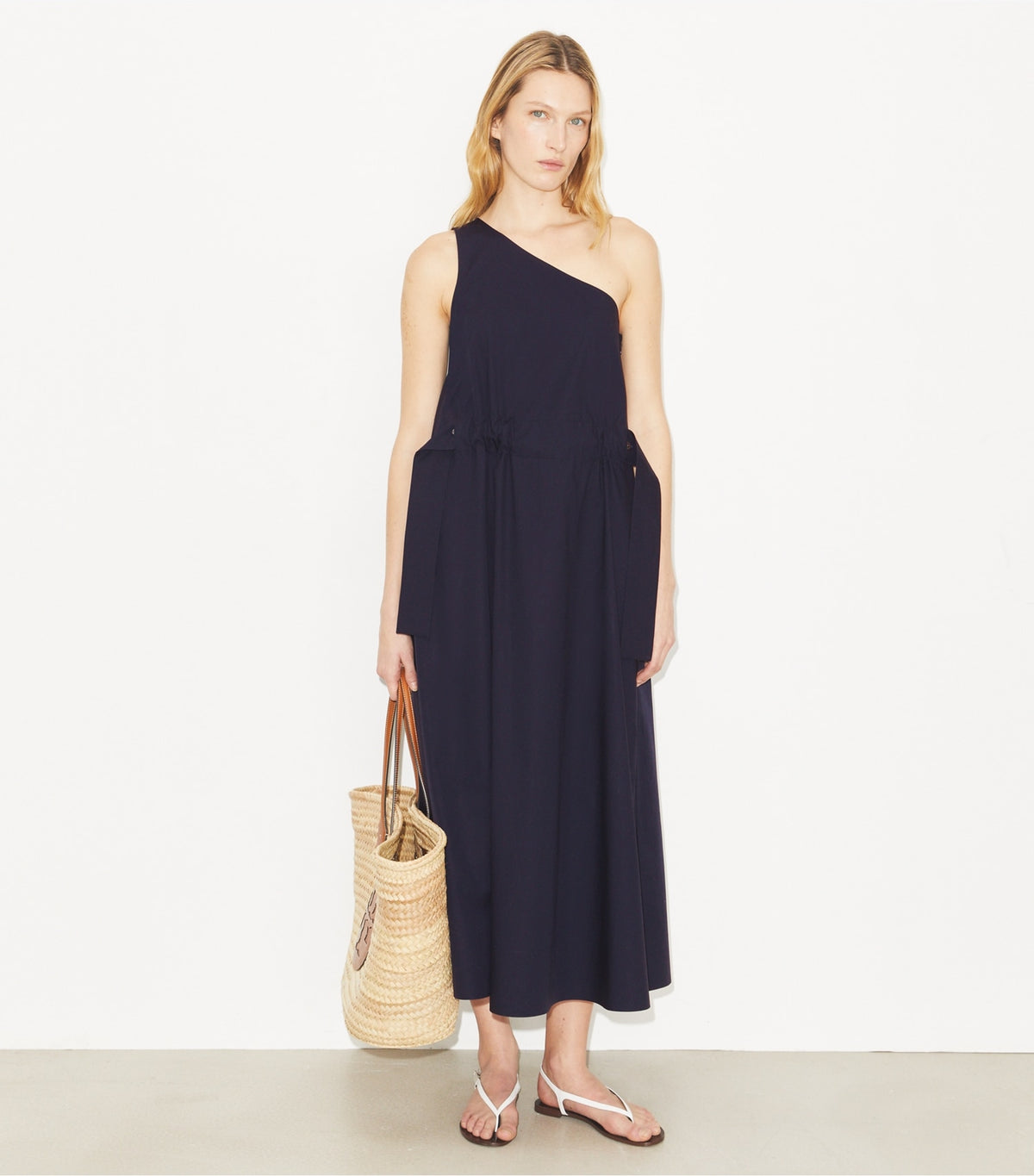 Tory Burch One-Shoulder Belted Cotton Dress - Medium Navy