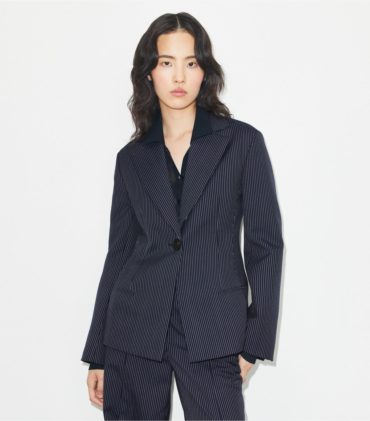 Tory Burch Crepe Blazer - Tory Navy/White Pinstripe Wool Suiting
