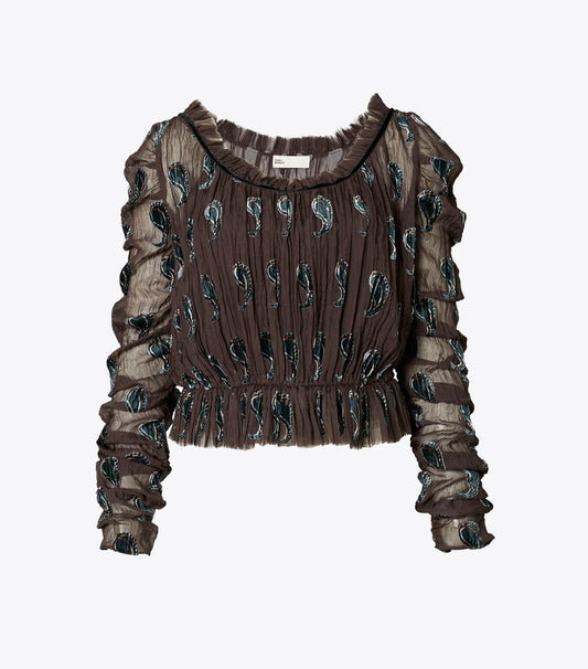 Tory Burch Ruched Velvet Top - Brown Paisley
