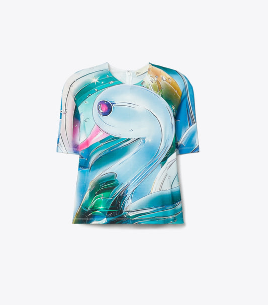 Tory Burch Printed Cotton T-Shirt - Blue Glass Swan Allover