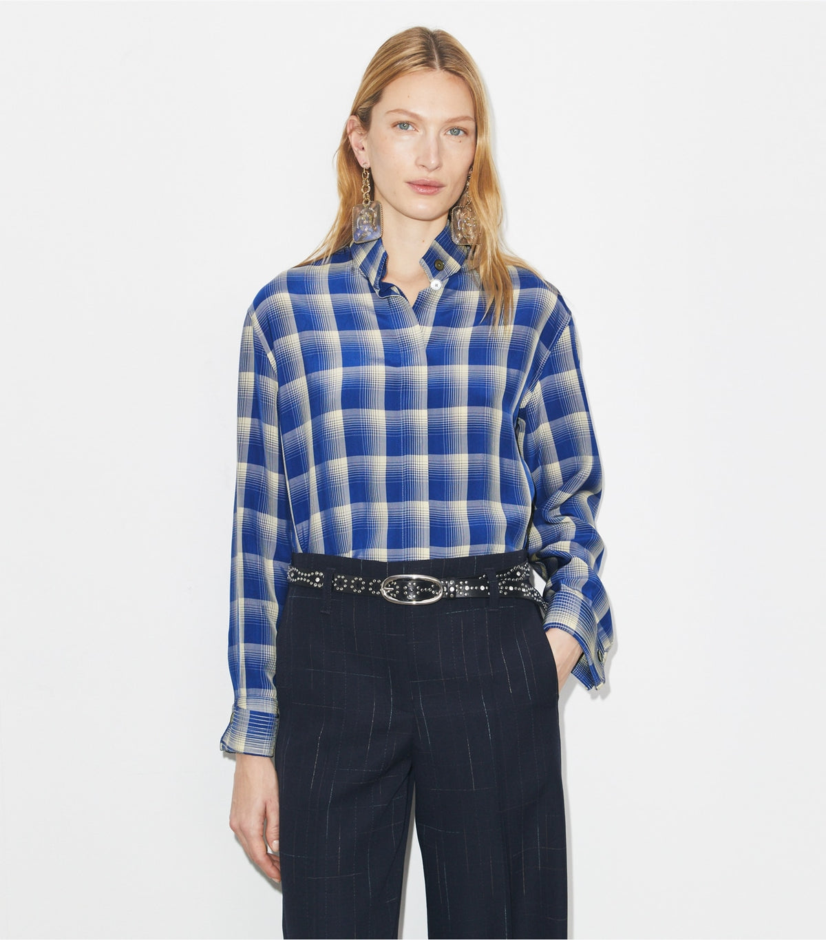 Tory Burch Plaid Viscose Shirt - Blue / Ivory