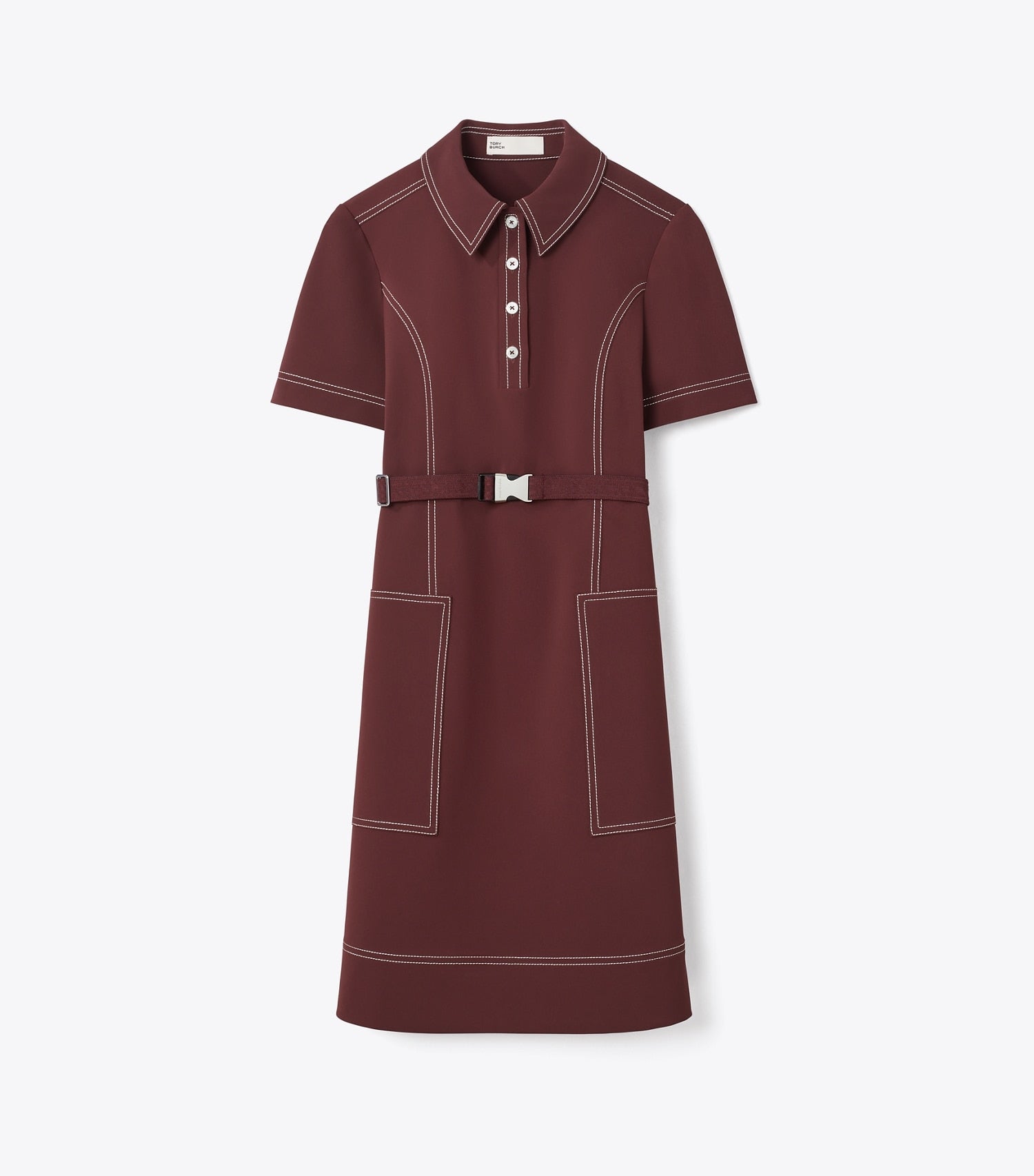 Tory Burch Short-Sleeve Pick Stitch Golf Dress - Dark Sangria