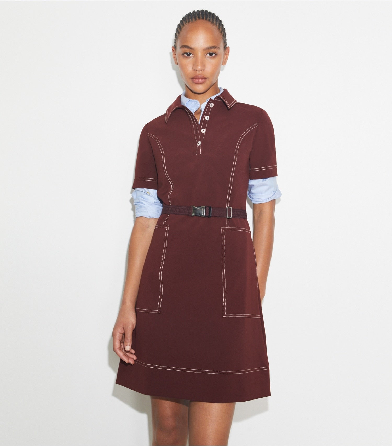 Tory Burch Short-Sleeve Pick Stitch Golf Dress - Dark Sangria