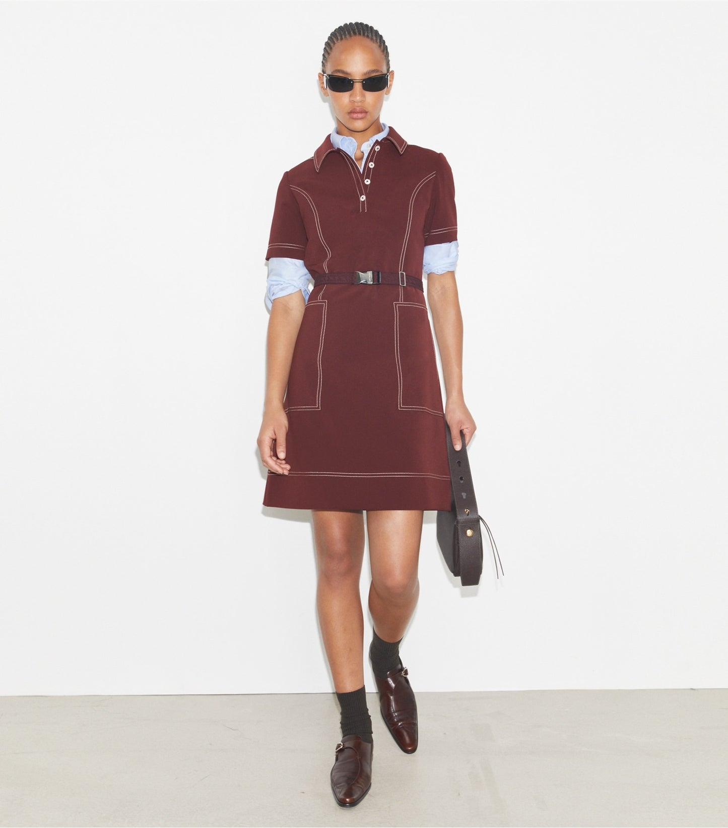 Tory Burch Short-Sleeve Pick Stitch Golf Dress - Dark Sangria