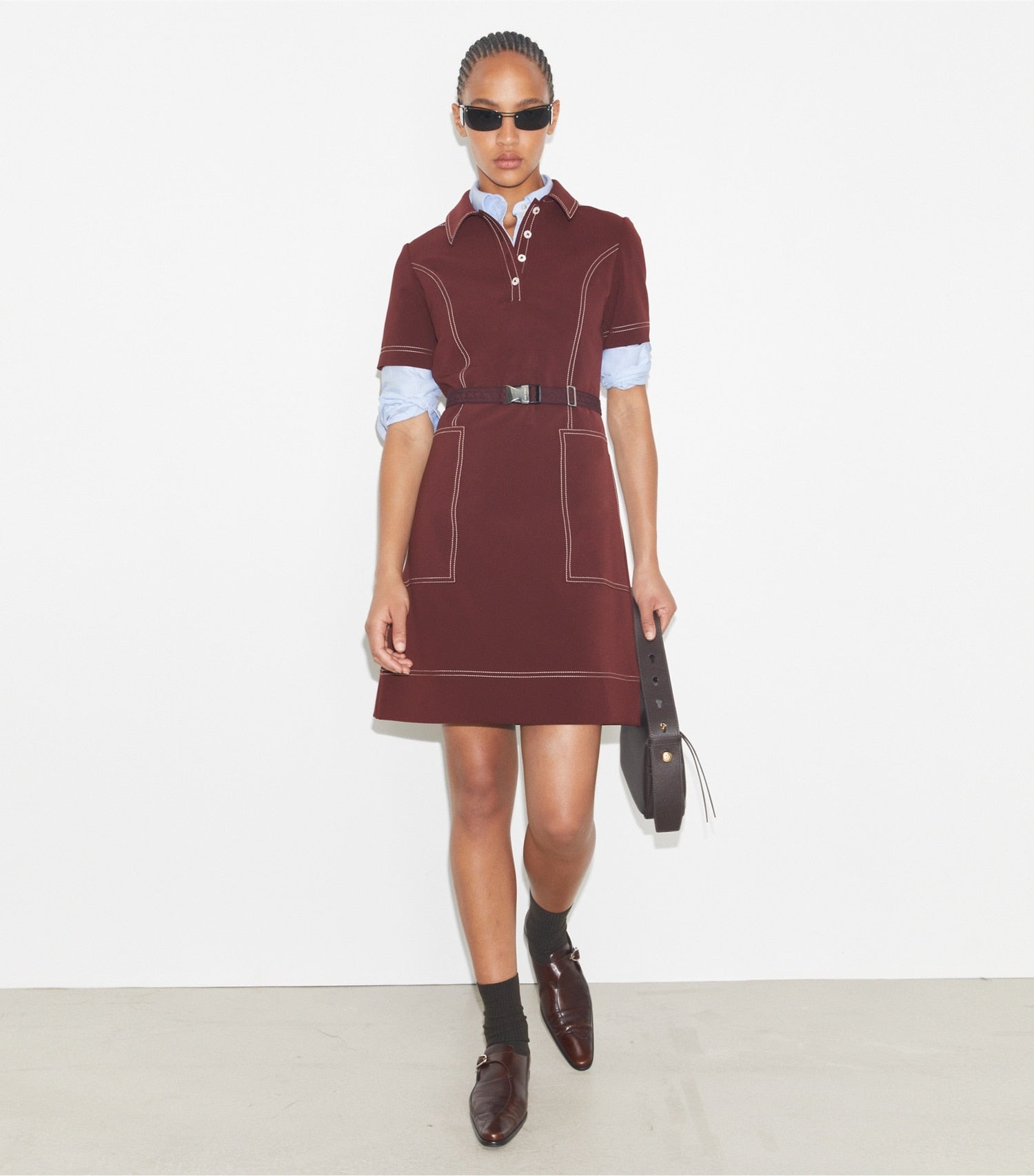 Tory Burch Short-Sleeve Pick Stitch Golf Dress - Dark Sangria