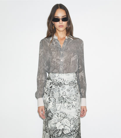 Tory Burch Printed Viscose Shirt - Light Gray Alien Toile
