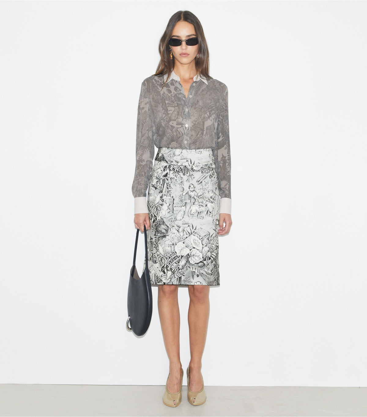 Tory Burch Printed Viscose Shirt - Light Gray Alien Toile