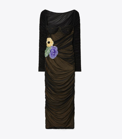 Tory Burch Embellished Viscose Ruched Dress - Black