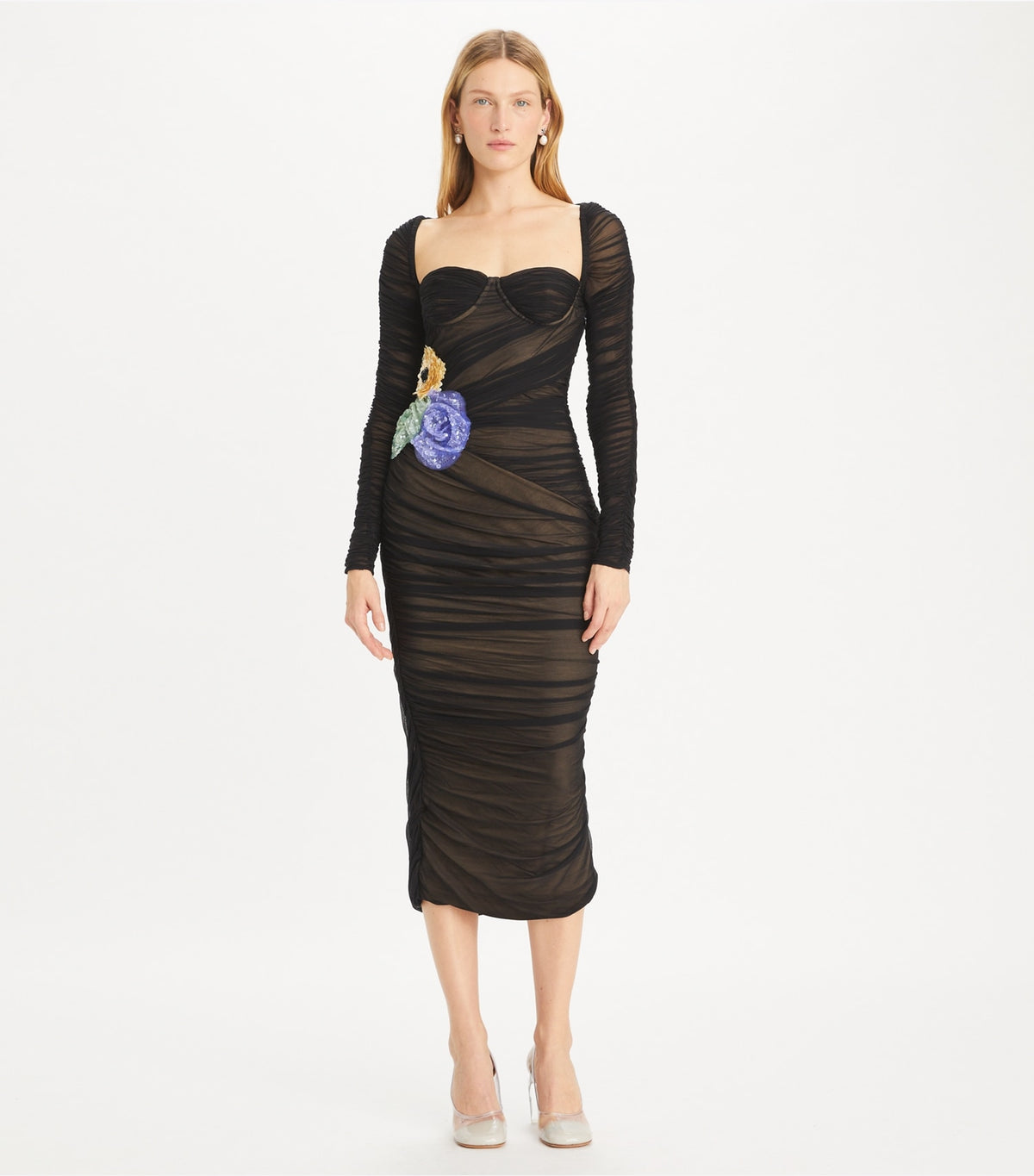 Tory Burch Embellished Viscose Ruched Dress - Black