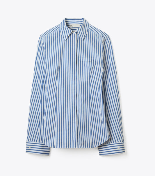 Tory Burch Bell-Sleeve Cotton Shirt - Blue Stripe