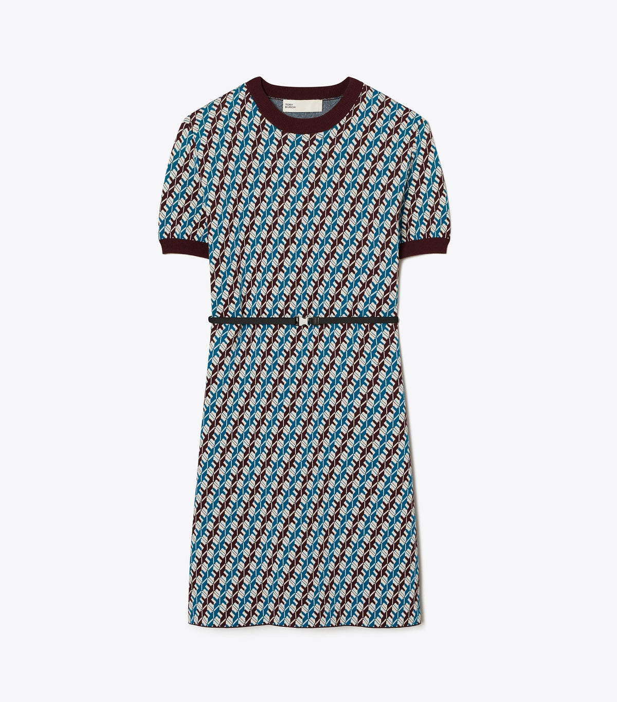 Tory Burch Jacquard Sweater Dress - Aqua Blue Linked Geo 3 Color