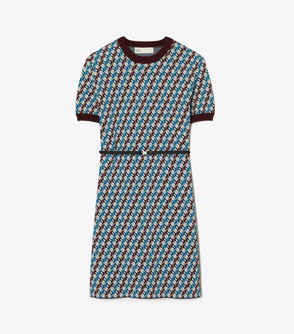 Tory Burch Jacquard Sweater Dress - Aqua Blue Linked Geo 3 Color