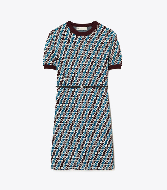Tory Burch Jacquard Sweater Dress - Aqua Blue Linked Geo 3 Color