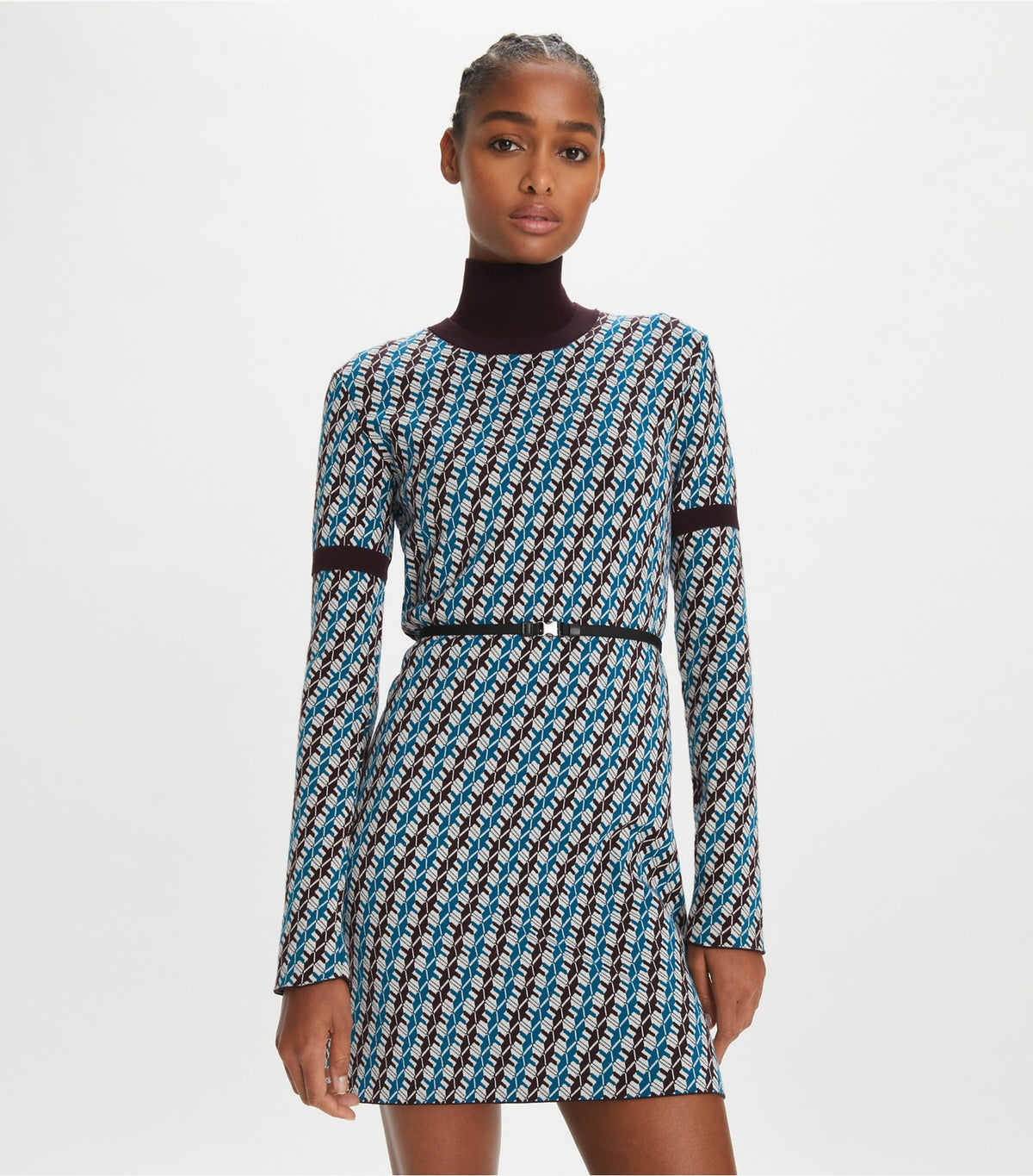 Tory Burch Jacquard Sweater Dress - Aqua Blue Linked Geo 3 Color