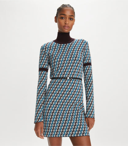 Tory Burch Jacquard Sweater Dress - Aqua Blue Linked Geo 3 Color
