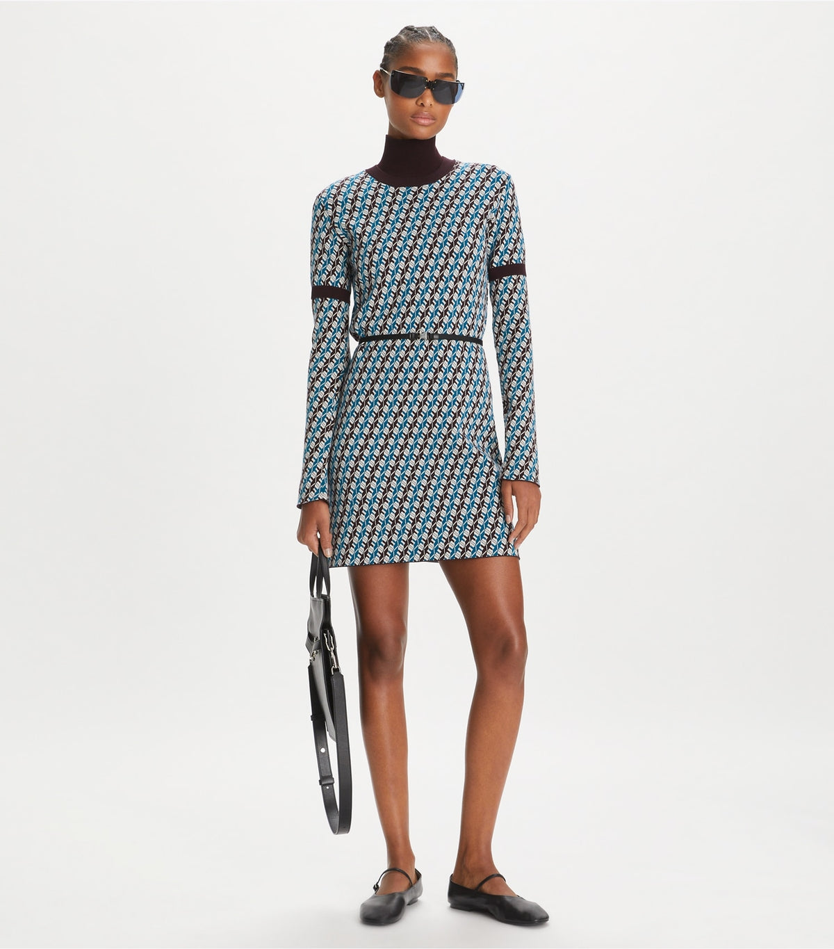 Tory Burch Jacquard Sweater Dress - Aqua Blue Linked Geo 3 Color
