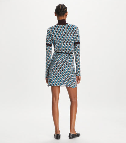 Tory Burch Jacquard Sweater Dress - Aqua Blue Linked Geo 3 Color