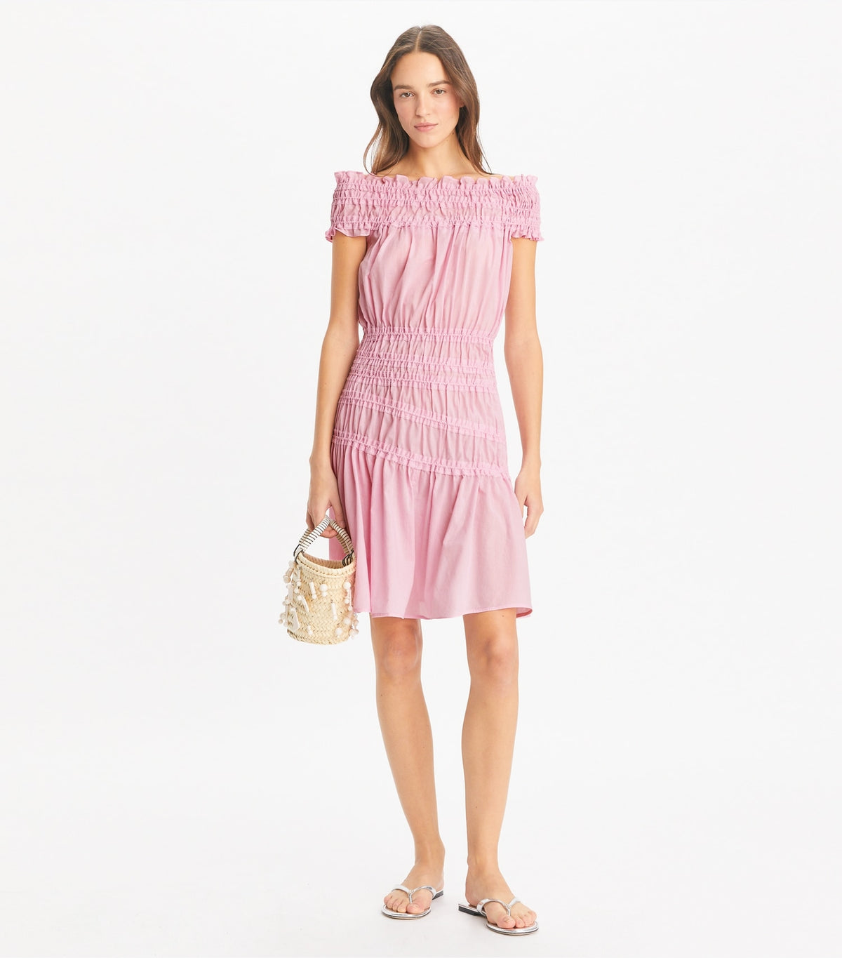 Tory Burch Smocked Cotton Dress - Light Pink