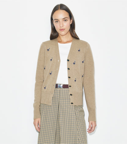 Tory Burch Birdie-Embroidered Cashmere Cardigan - Deep Toffee