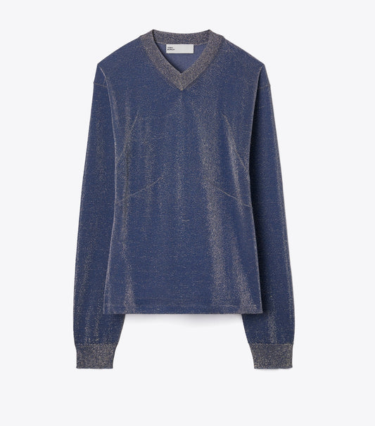 Tory Burch Metallic V-Neck Sweater - Blue / Gold