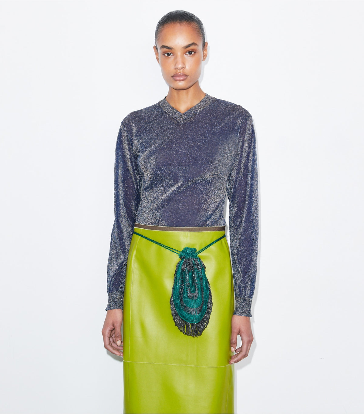 Tory Burch Metallic V-Neck Sweater - Blue / Gold