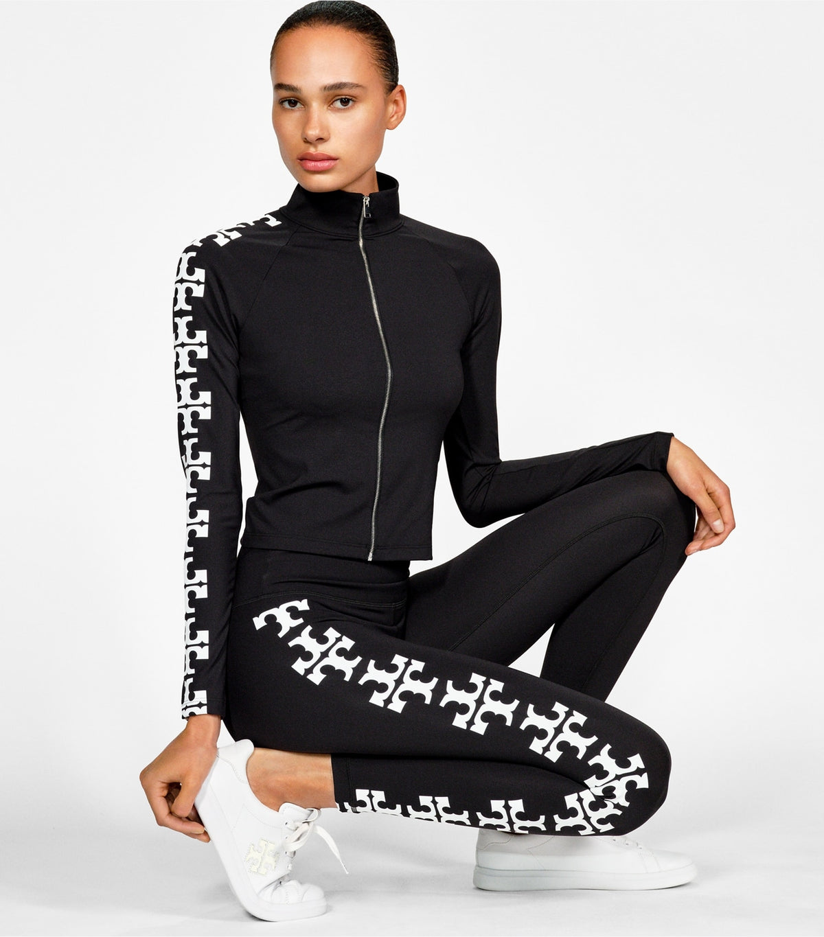 Tory Burch Reflective Nylon Logo Zip Top - Black