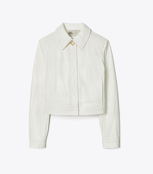 Tory Burch Faux Crinkle Leather Jacket - White