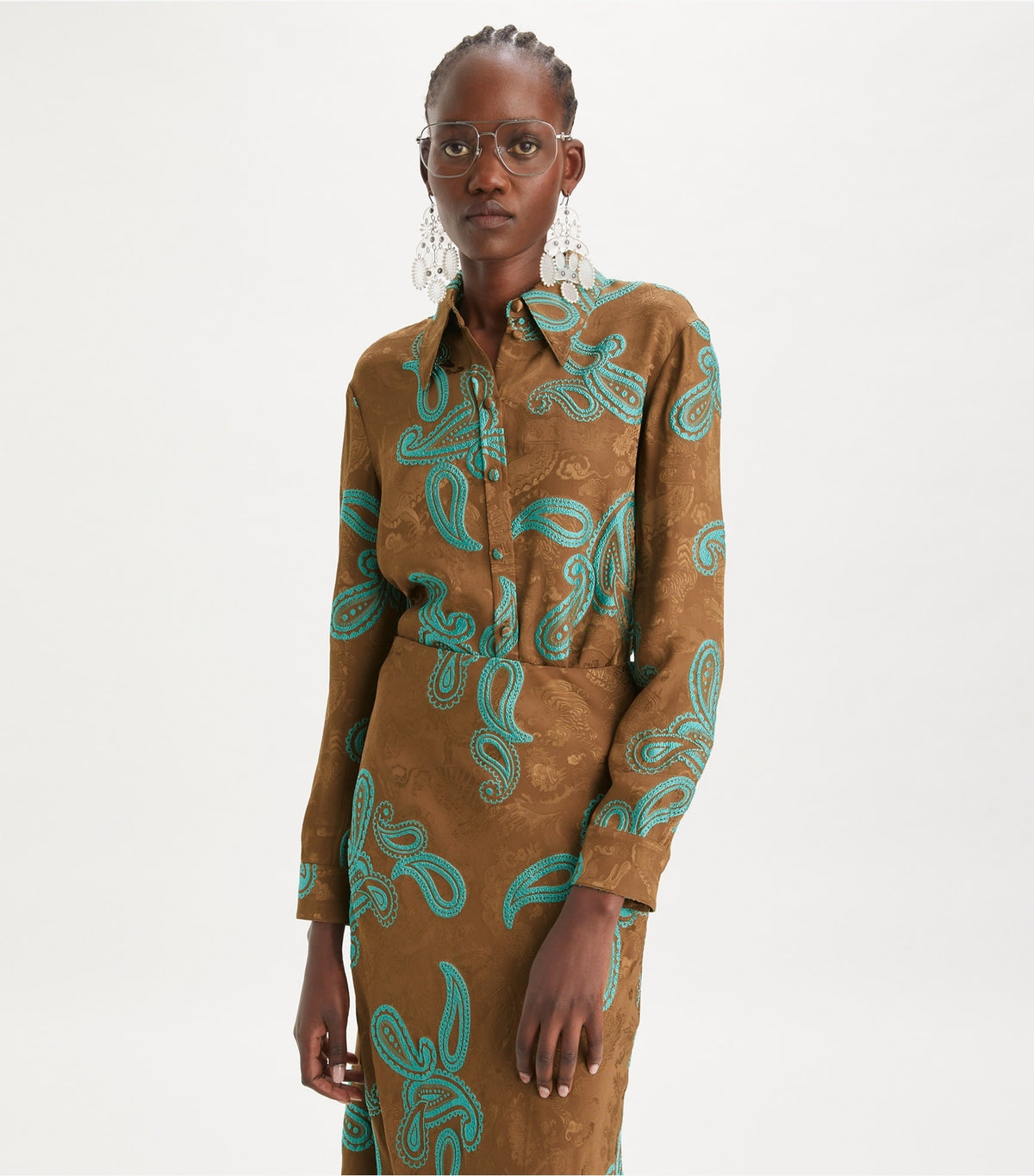 Tory Burch Satin Paisley Shirt - Aqua Stone/Smoked Peppercorn
