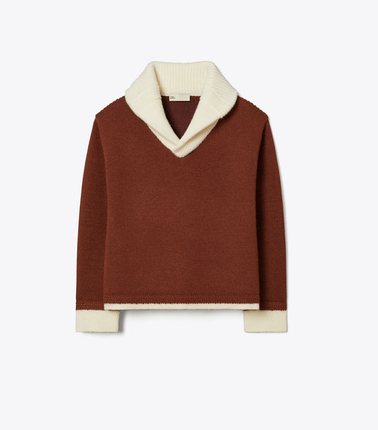 Tory Burch Contrast Collar Wool Sweater - Dark Cranberry / White