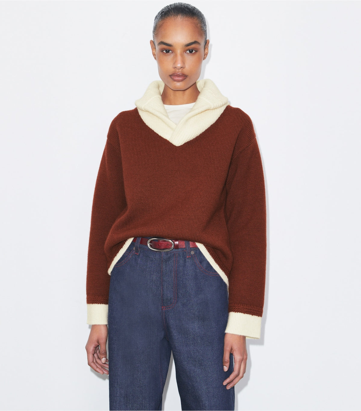 Tory Burch Contrast Collar Wool Sweater - Dark Cranberry / White