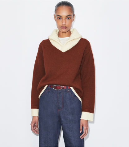 Tory Burch Contrast Collar Wool Sweater - Dark Cranberry / White