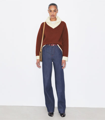 Tory Burch Contrast Collar Wool Sweater - Dark Cranberry / White