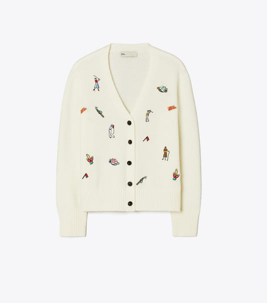 Tory Burch Embroidered Golf Cardigan - New Ivory