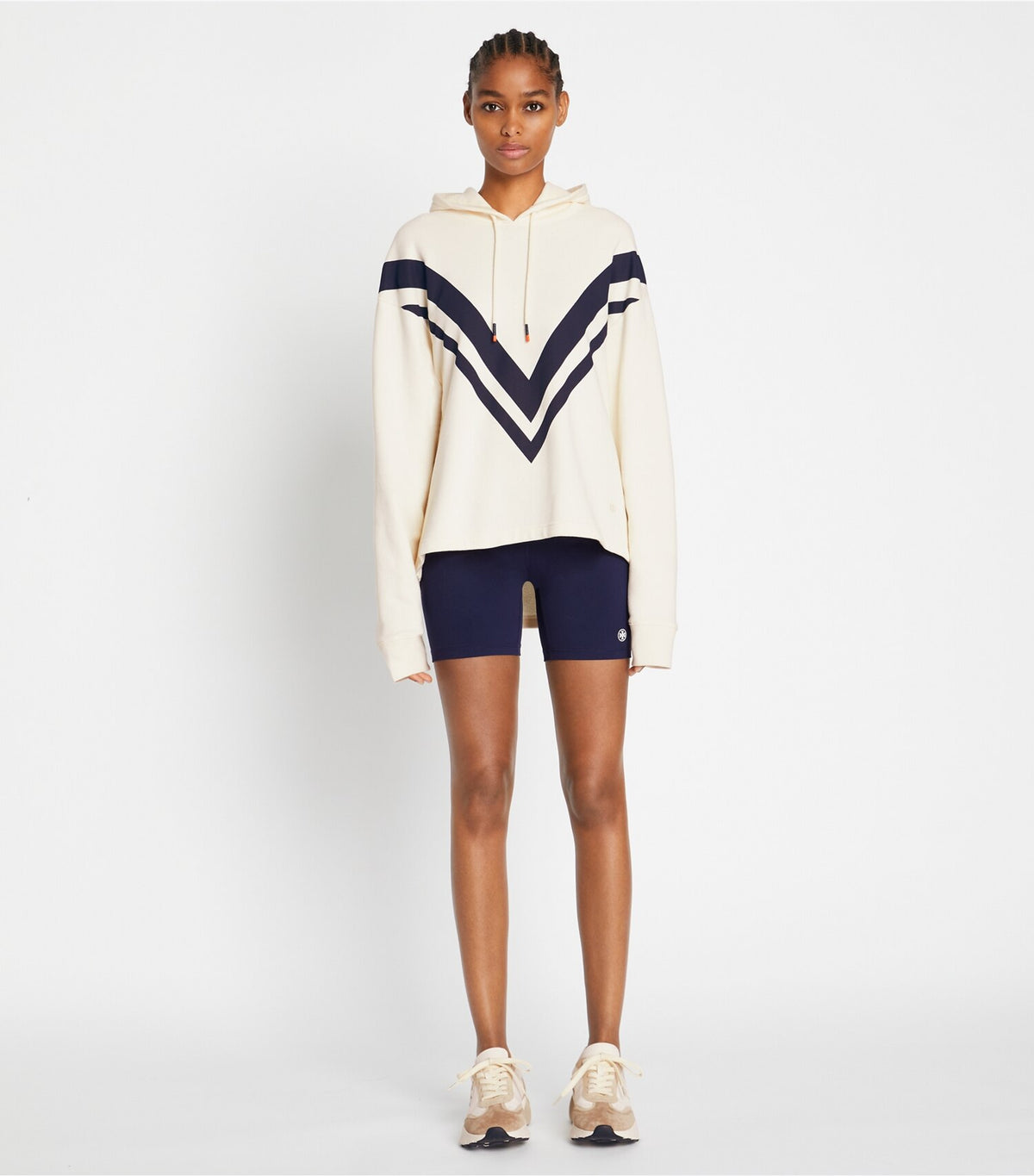 Tory Burch French Terry Chevron Hoodie - Ivory Pearl/Tory Navy