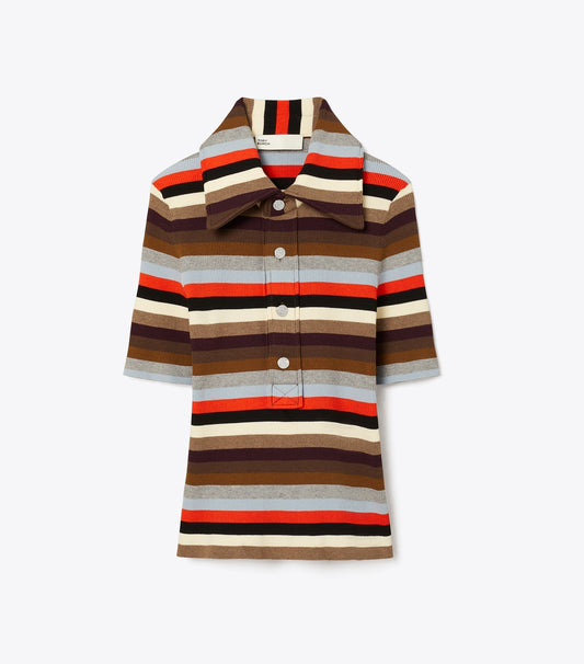 Tory Burch Viscose Ribbed Polo - Red Evening Stripe Small