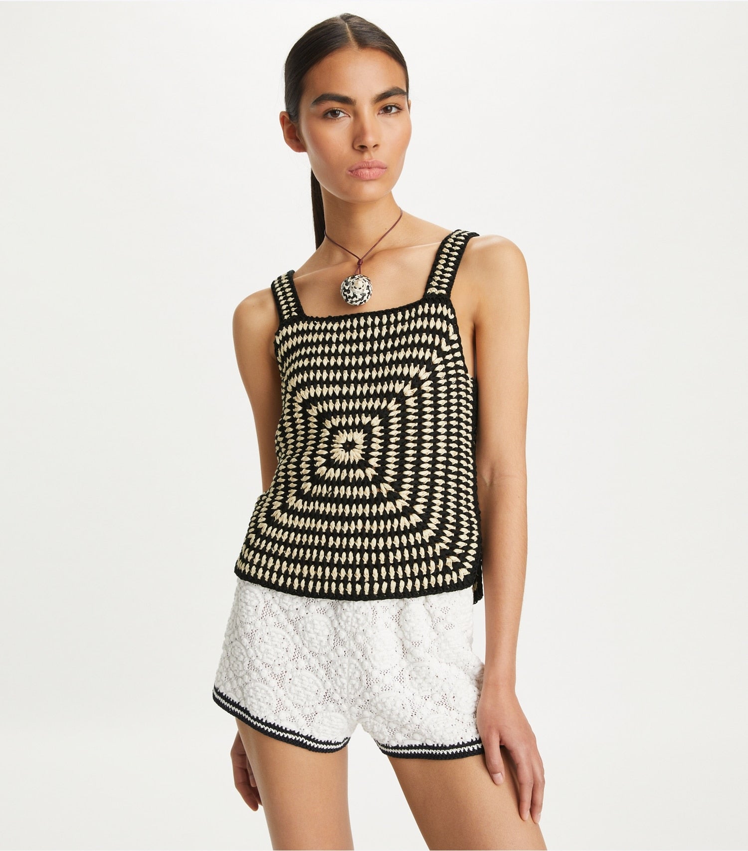 Tory Burch Cotton Crochet Tank Top - Black / White