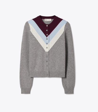 Tory Burch Chevron Wool Cardigan - Light Gray