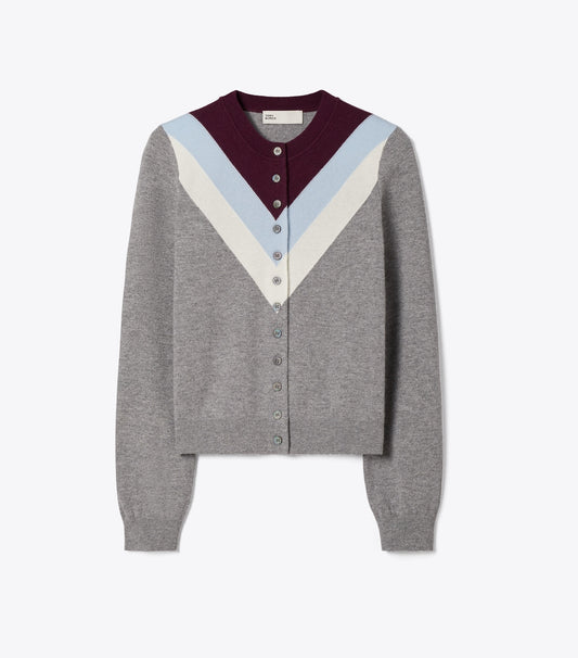 Tory Burch Chevron Wool Cardigan - Light Gray