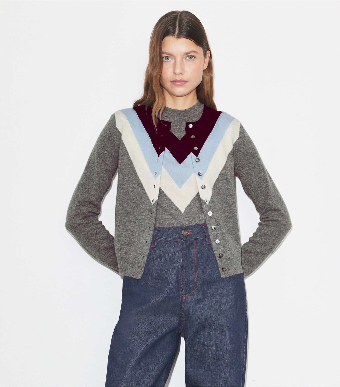 Tory Burch Chevron Wool Cardigan - Light Gray