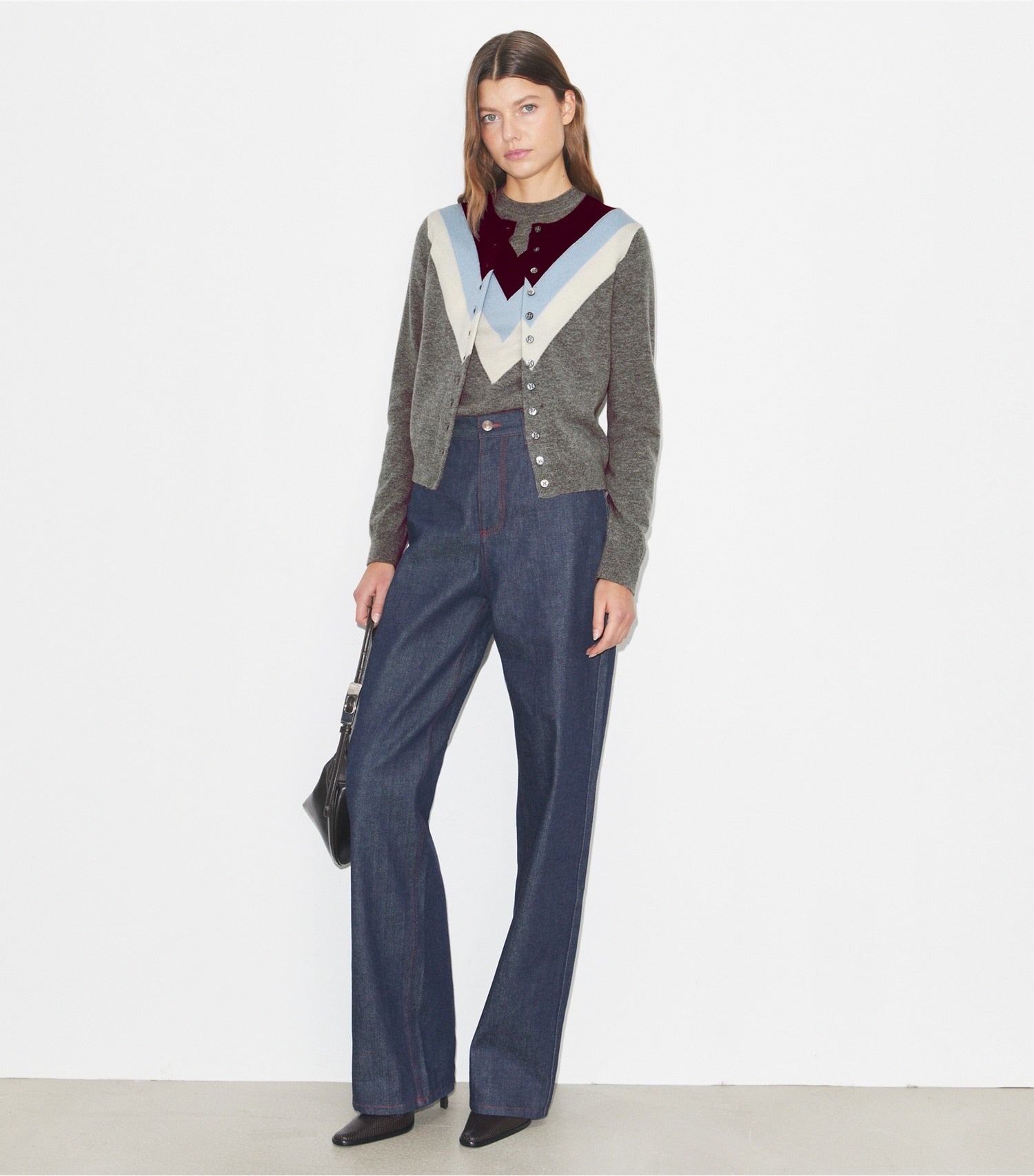 Tory Burch Chevron Wool Cardigan - Light Gray