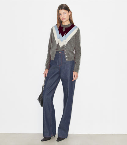 Tory Burch Chevron Wool Cardigan - Light Gray